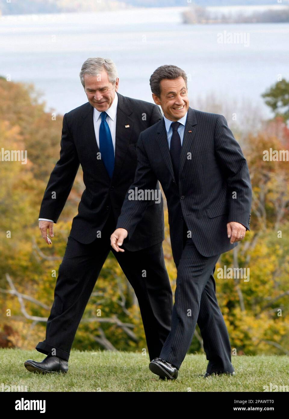 President Bush, left, and French President Nicolas Sarkozy tour the Mount Vernon, Va. home of George Washington, Wednesday, Nov. 7, 2007. (AP Photo/Gerald Herbert) Stock Photo