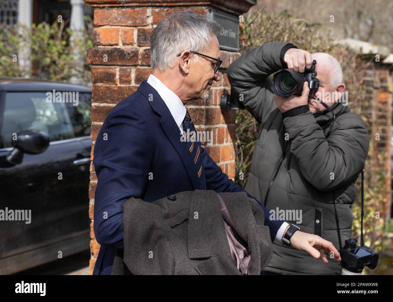 Gary Lineker. Match of the Day presenter leaves him home in Barnes this morning after his show being put on hold whilst talks continue with the BBC regarding his Tweet remarks. Barnes, South West London, UK Credit: Jeff Gilbert/Alamy Live News Stock Photo