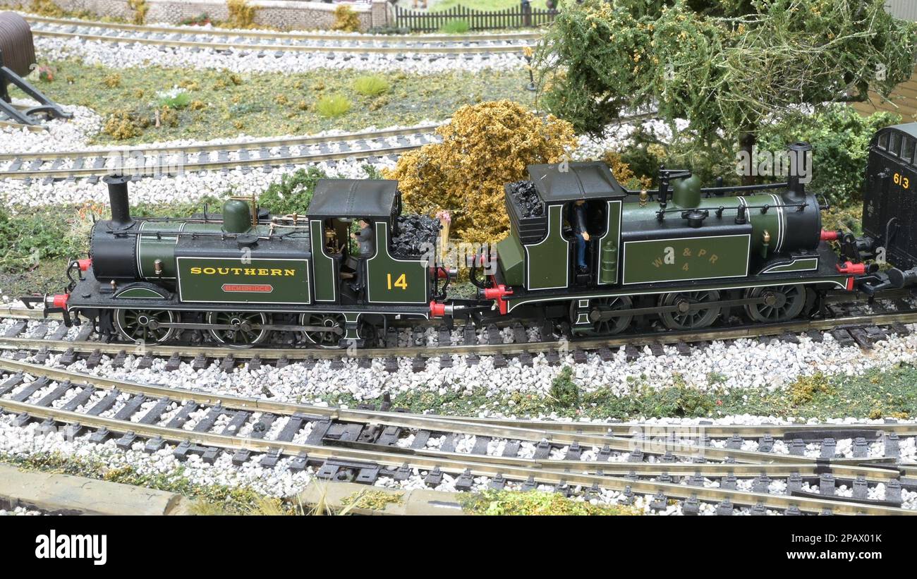 Two Terriers bunker to bunker doing a double header on a model railway. Stock Photo