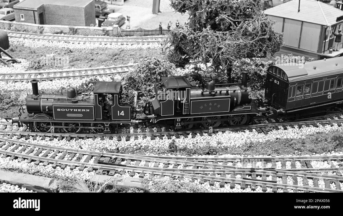 Two Terriers bunker to bunker doing a double header on a model railway