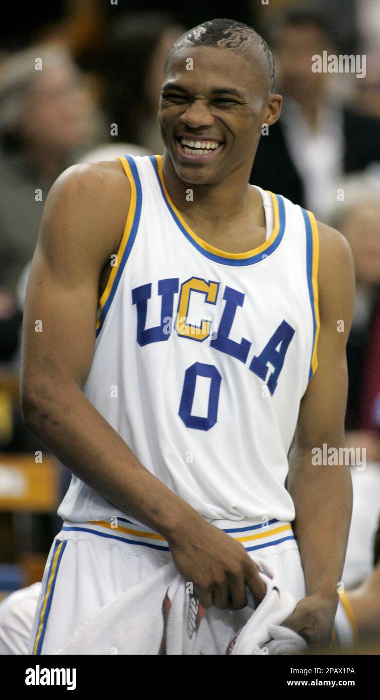 UCLA's Russell Westbrook laughs on the sidelines during UCLA's 93-55  victory over Chico State in an exhibition NCAA basketball game on Monday,  Nov. 5, 2007 in Los Angeles. (AP Photo/Danny Moloshok Stock