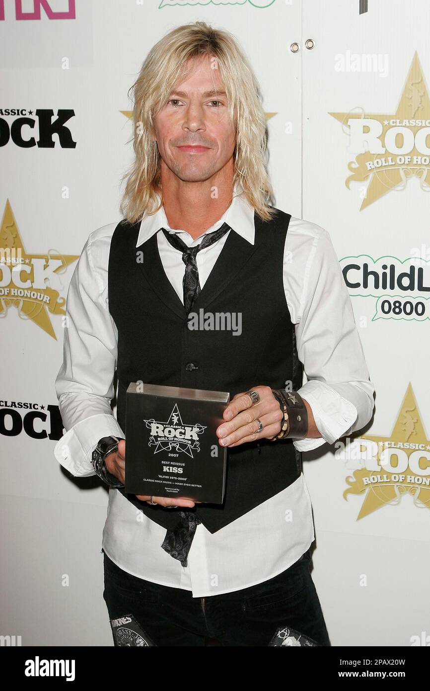 American musician Duff McKagan receives the Reissue of the Year Award for ' Kiss - Alive 1975-2000' at the Third Annual Classic Rock Roll of Honor at  The Landmark Hotel, in London Monday