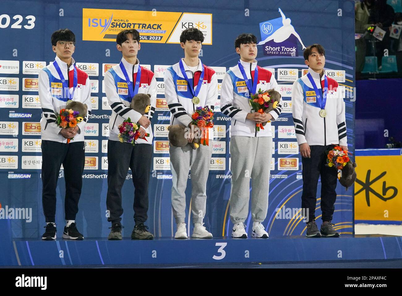 SEOUL, KOREA - MARCH 12: Kyung Hwan Hong of Korea, June Seo Lee of Korea, Yong Jin Lim of Korea and Ji Won Park of Korea during the podium ceremony after competing on the Men's Relay during the ISU World Short Track Speed Skating Championships at Mokdong Ice Rink on March 12, 2023 in Seoul, Korea (Photo by Andre Weening/Orange Pictures) Stock Photo