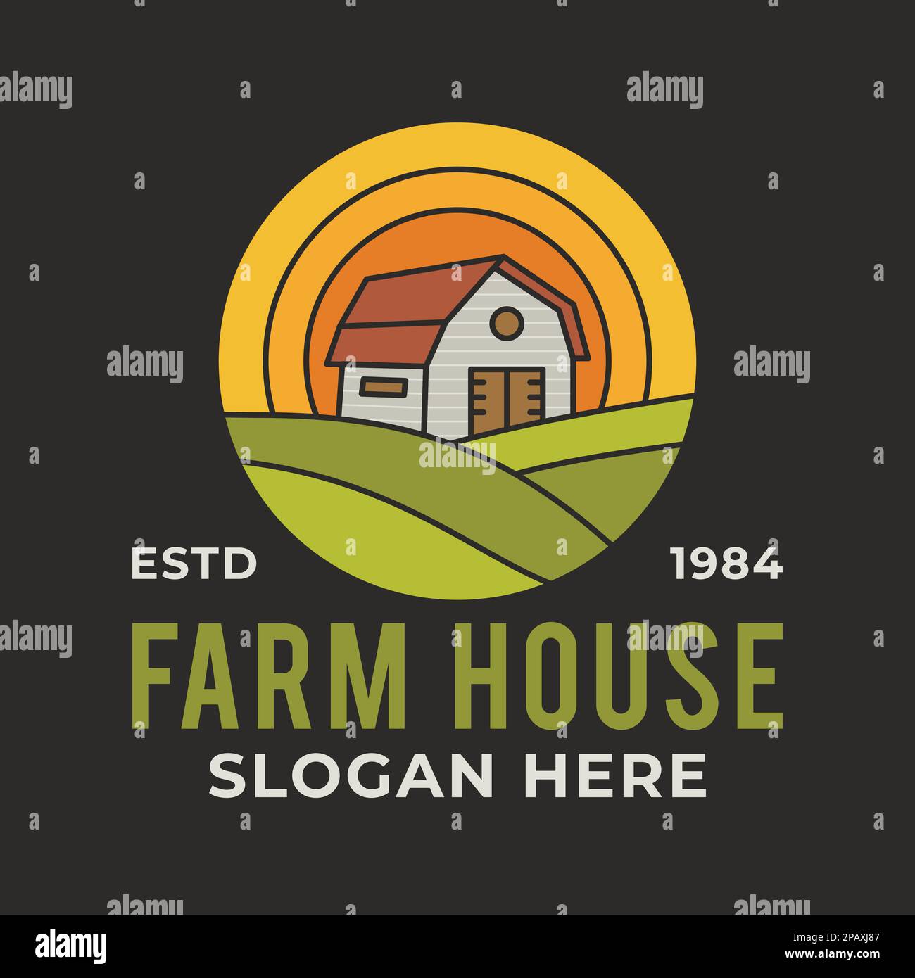 Farm House Logo vector template with barn and farmer landscape. Locally ...