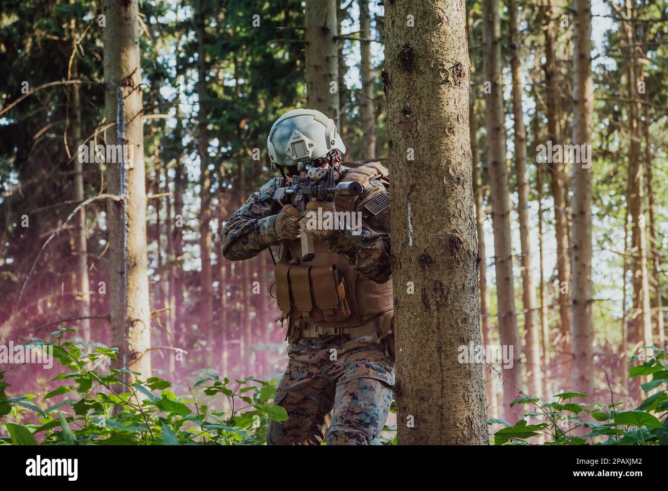 A modern warfare soldier on war duty in dense and dangerous forest ...