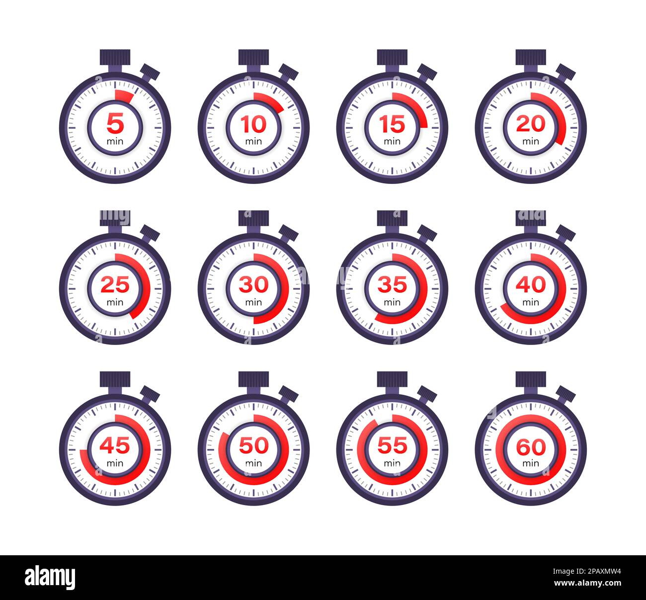 Set Timer, clock, stopwatch. Cooking time. 0 to 60 minutes Stock Vector