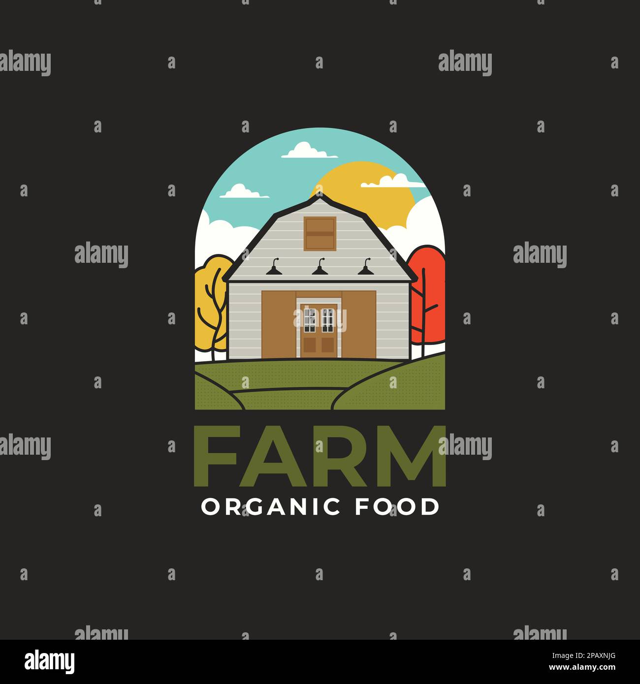 Farm Organic Food Logo vector template with barn and farmer landscape ...
