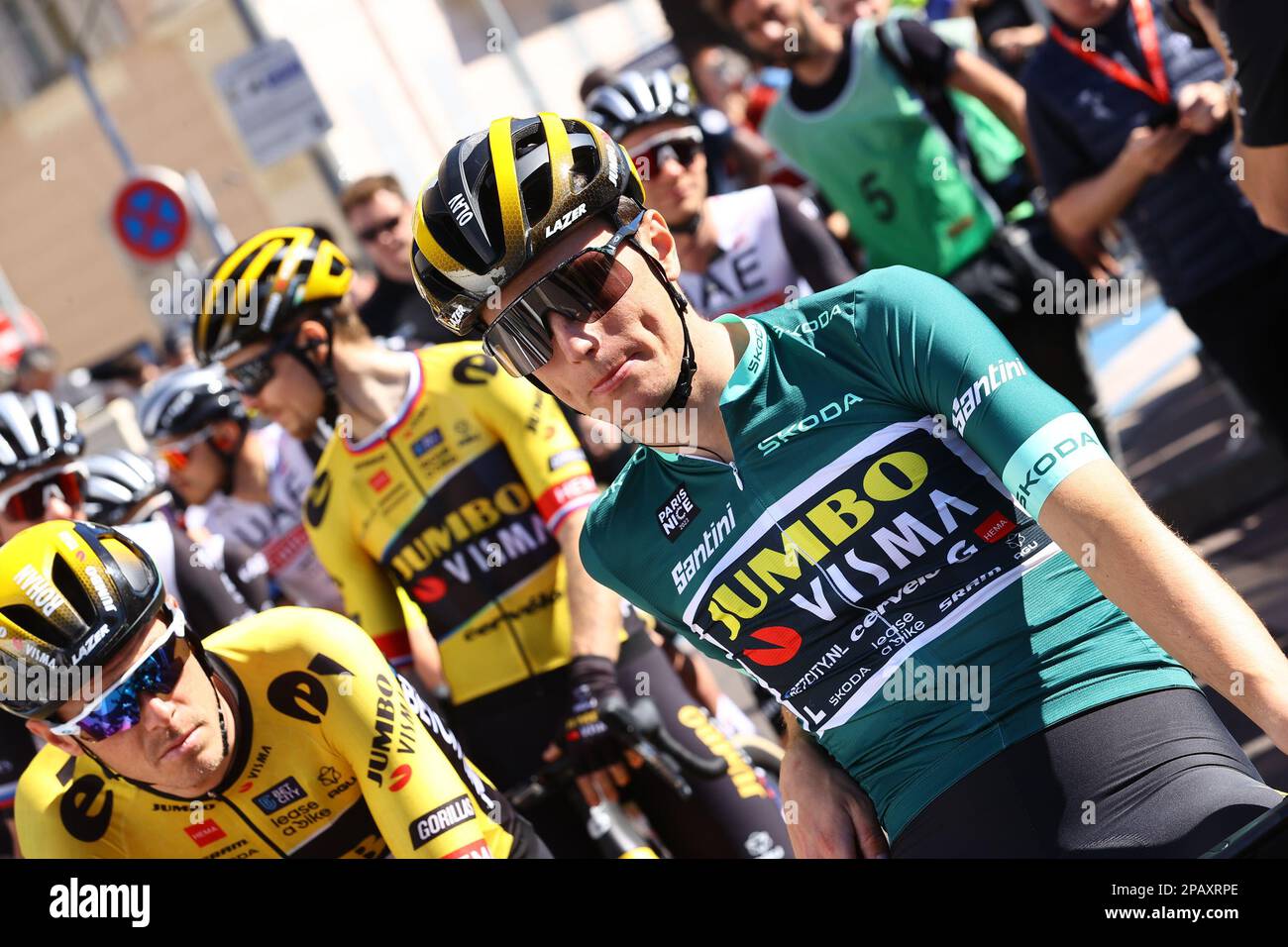 Dutch Olav Kooij of JumboVisma wearing the green jersey of leader