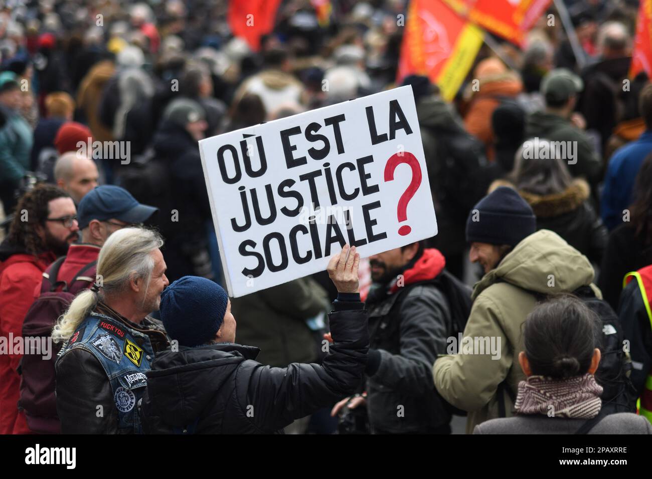 Paris, France . 12th Mar, 2023. Julien Mattia / Le Pictorium -  Demonstration against the pension reform in Paris -  12/3/2023  -  France / Paris / Paris  -  Demonstration against the pension reform. Tens of thousands of people gathered in Paris to demonstrate against the pension reform project initiated by the Borne government. Credit: LE PICTORIUM/Alamy Live News Stock Photo