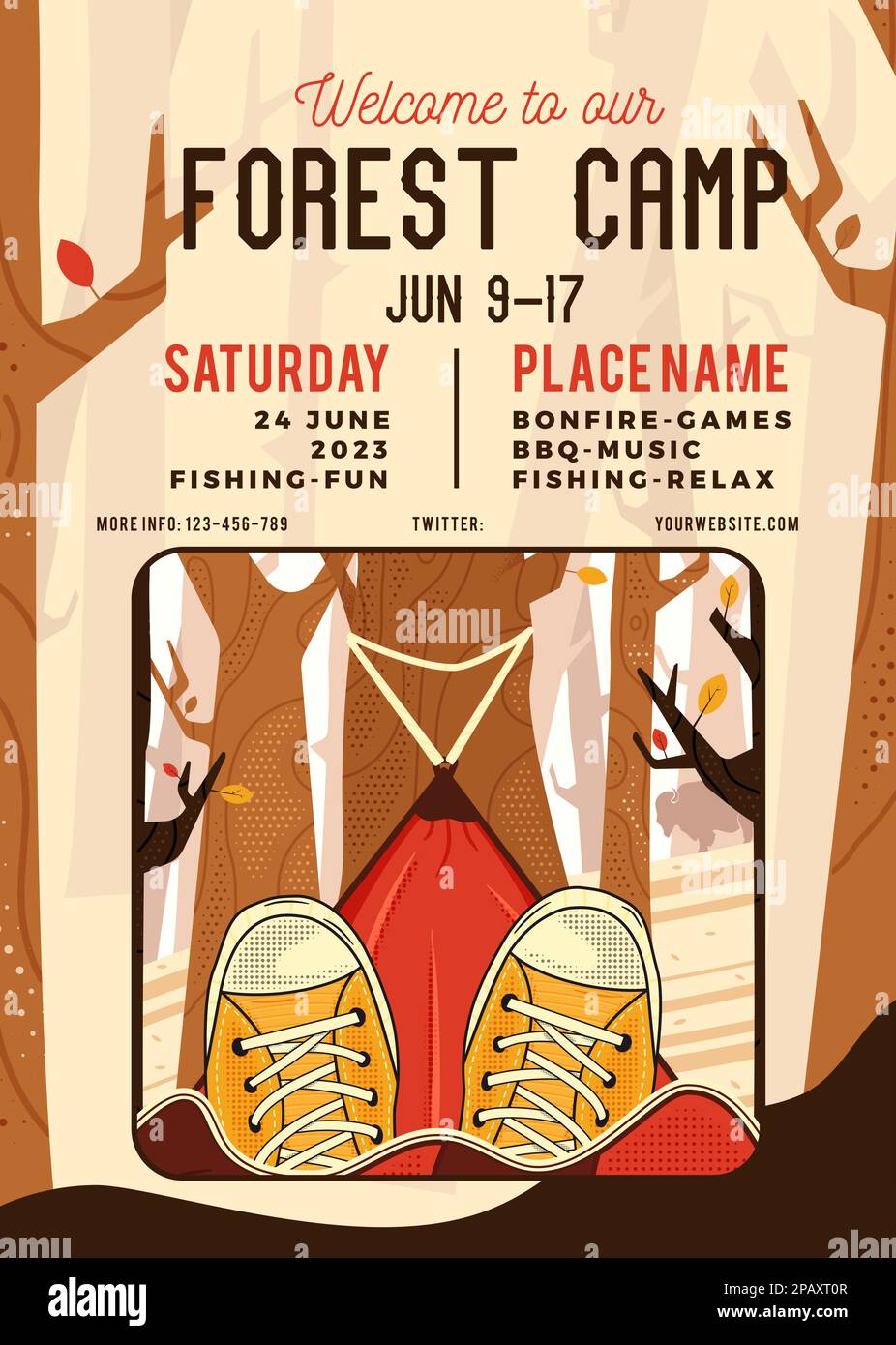 Adveture Summer Camp flyer template with camper chilling in hammock in