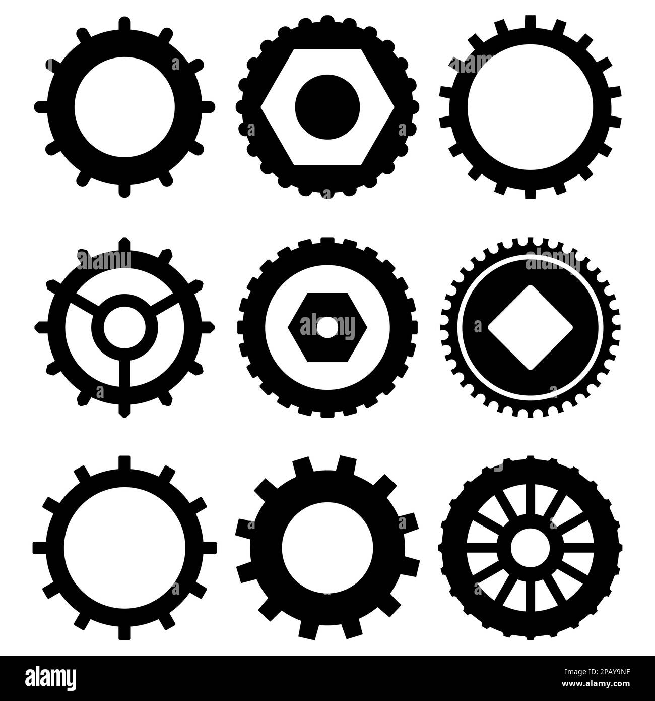 Gear wheels black silhouette collection of cogwheels. Vector industrialization and factory, production of manufacturing machine parts illustration Stock Photo