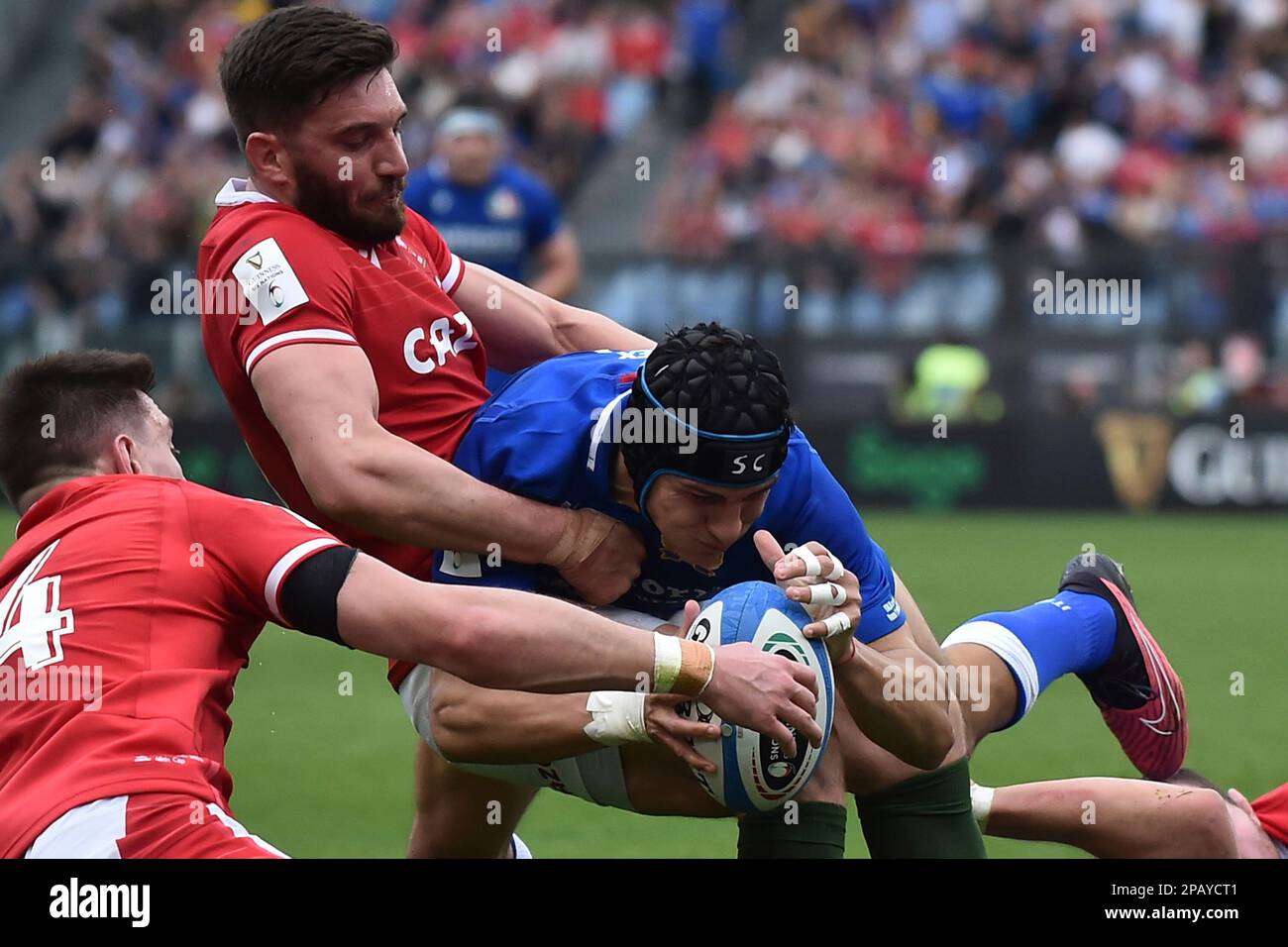 Juan Ignacio Brex of Italy and Owen Williams of Wales during the Six Nations rugby match between Italy and Wales at Stadio Olimpico in Rome on March Stock Photo