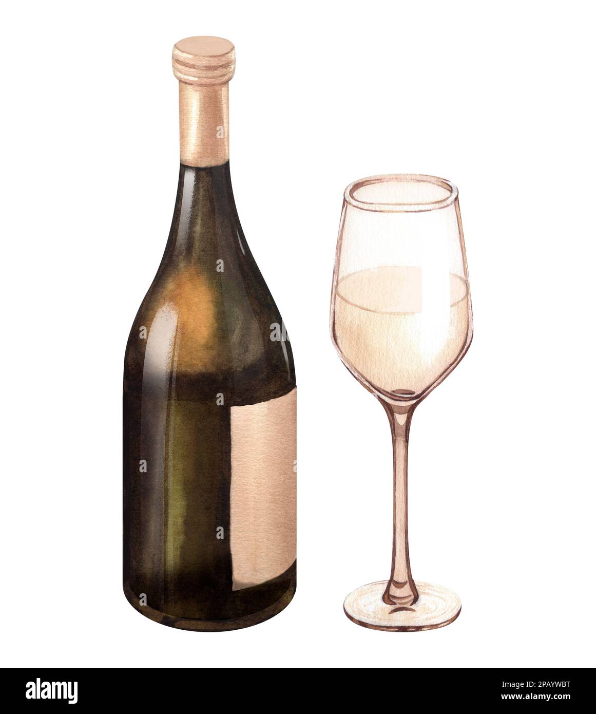 Watercolor illustration of the bottle and one glass of white wine ...