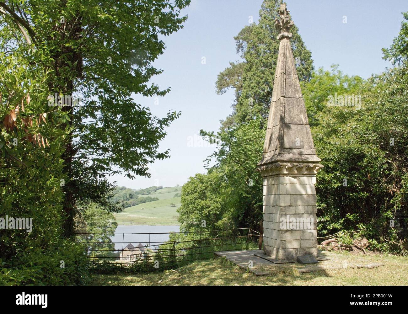 Exterior Obelisk in the grounds of Port Eliot with a vantage point view of the River Tidy, at St Germans in south east Cornwall Stock Photo