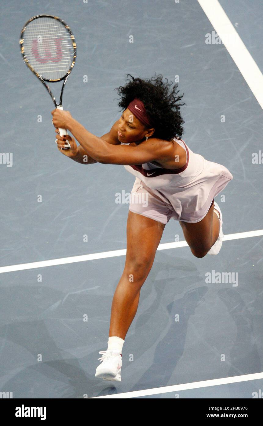 Serena Williams of America plays the ball during their first round match  versus Patty Schnyder of Switzerland at the Zurich Open tennis tournament  in Zurich, Switzerland, on Tuesday, October 16, 2007. Williams