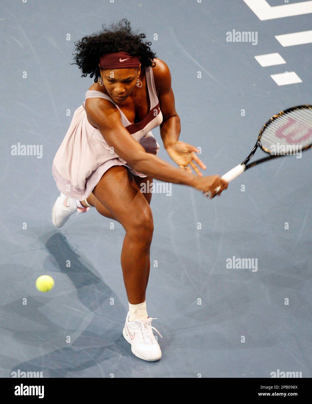 Serena Williams of America plays the ball during their first round match  versus Patty Schnyder of Switzerland at the Zurich Open tennis tournament  in Zurich, Switzerland, on Tuesday, October 16, 2007. Williams