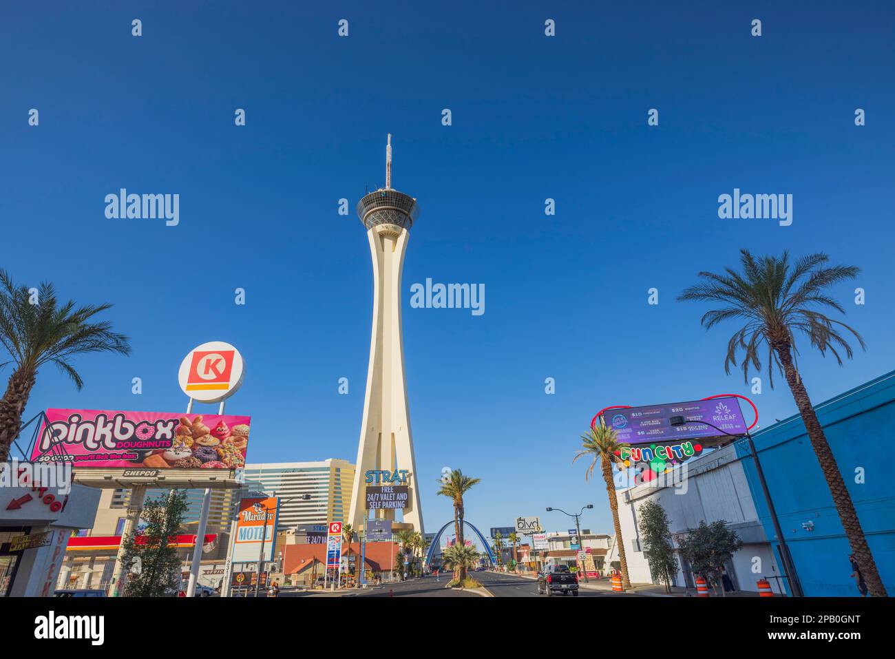Beautiful view of main tower of The Strat hotel on blue sky background
