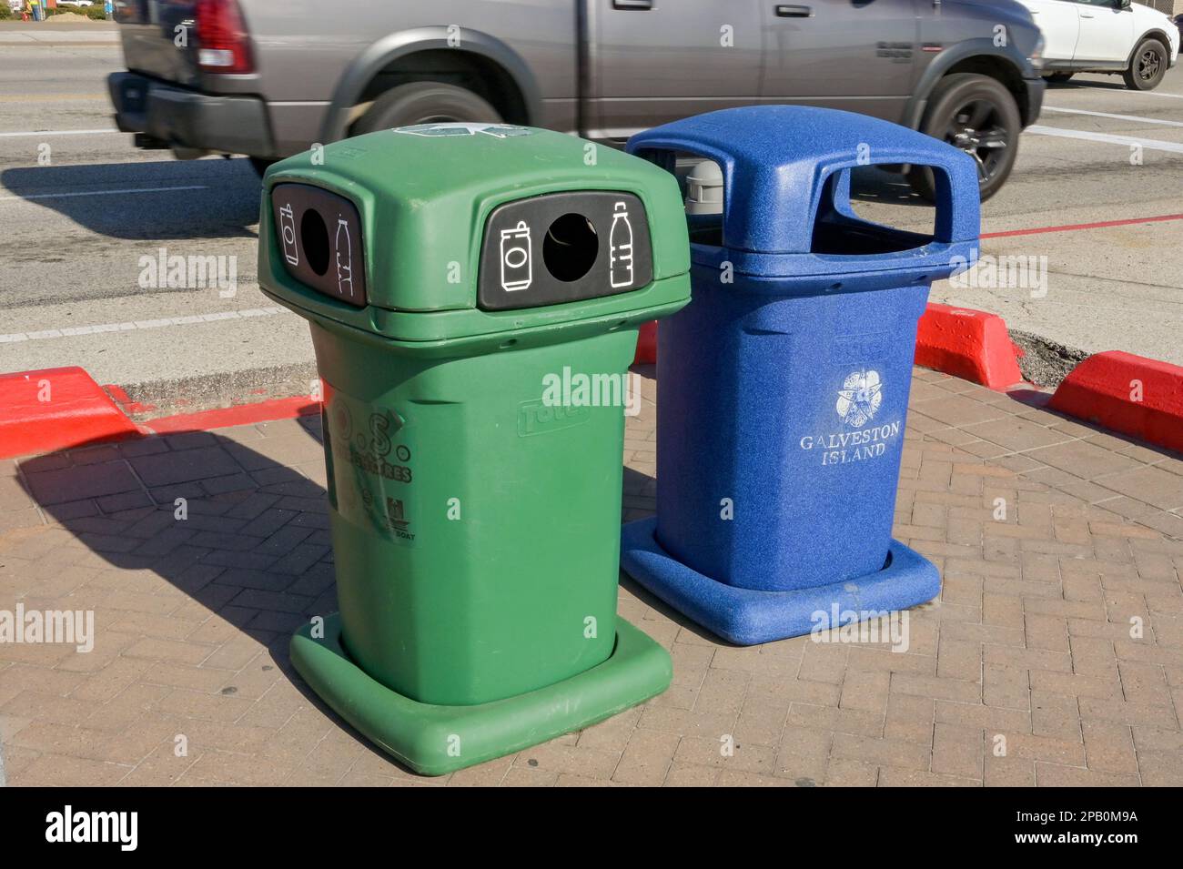 Galveston, Texas, USA February 2023 Coloured plastic bins for