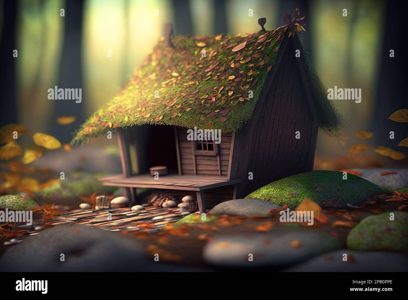 Fantasy home of tiny wood dweller, macro view of fairy tale hut