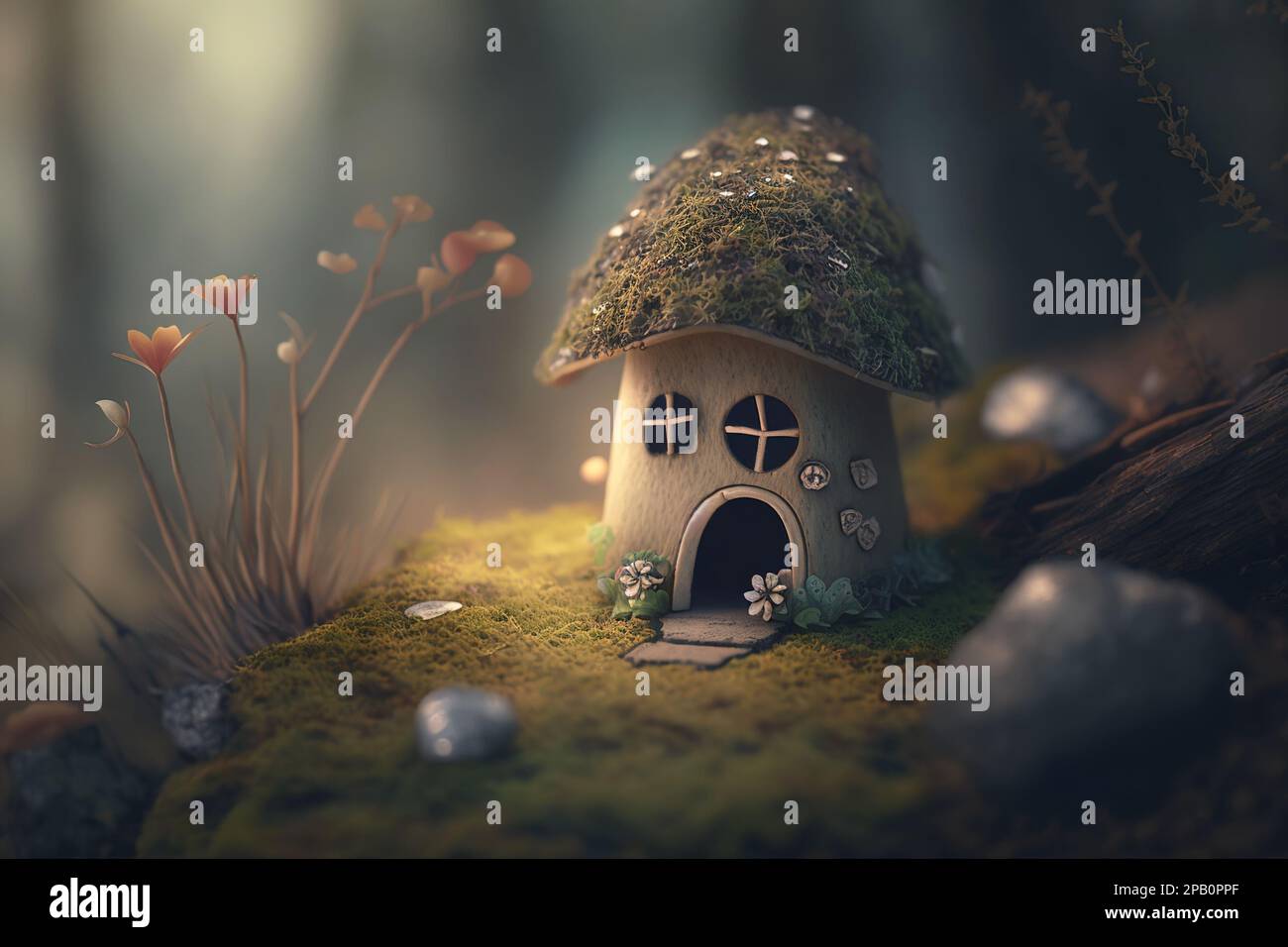 Fantasy home of tiny wood dweller, macro view of fairy tale hut