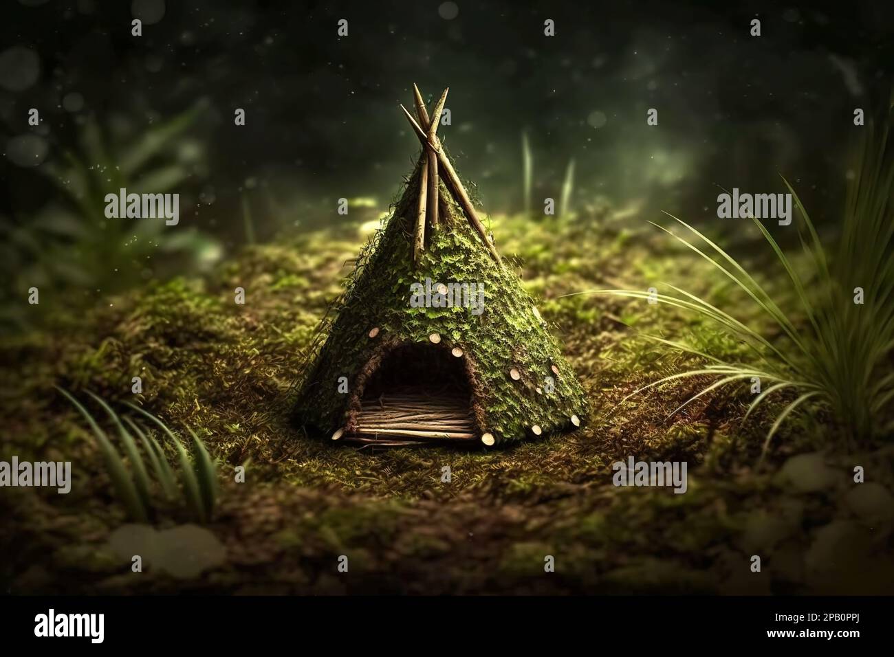 Fantasy home of tiny wood dweller, macro view of fairy tale hut