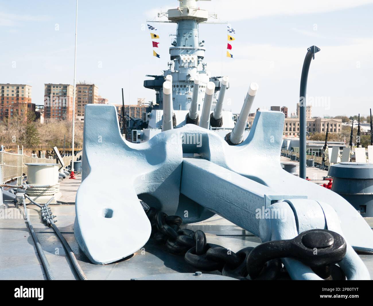 Huge anchor of Battleship North Carolina with bridge, conning tower