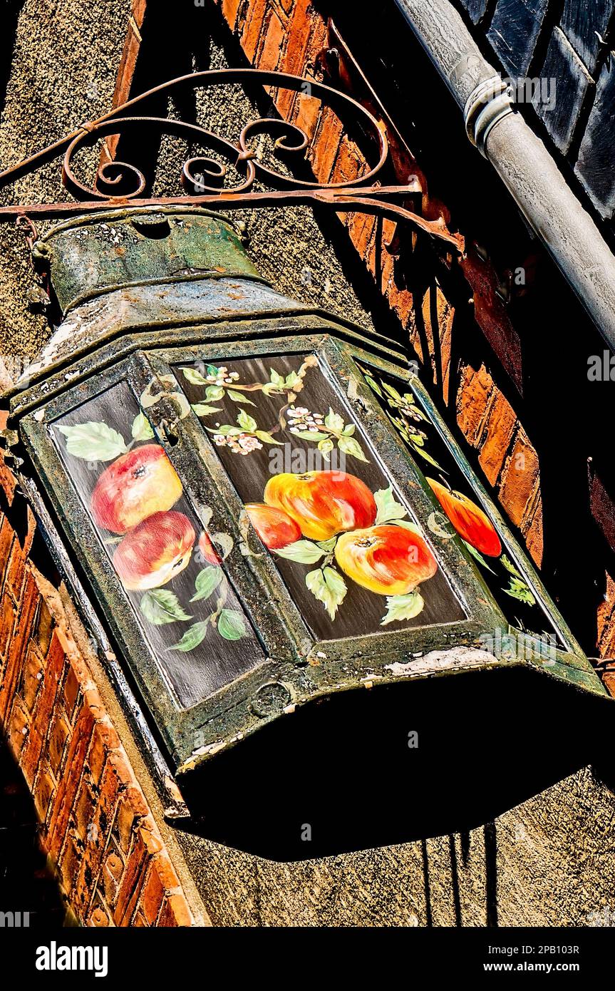 Cider/Calvados Shop Sign, hanging lantern, Honfleur, Normandy, France, Stock Photo