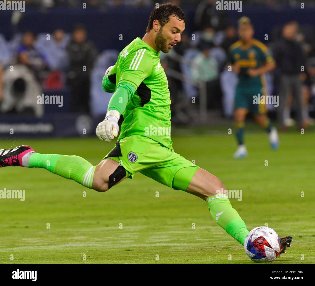 Kansas City, USA. 11th Mar, 2023. Los Angeles Galaxy goalkeeper Jonathan  Bond (1) sends the ball downfield. Sporting KC hosted the LA Galaxy in a  Major League Soccer game on March 11