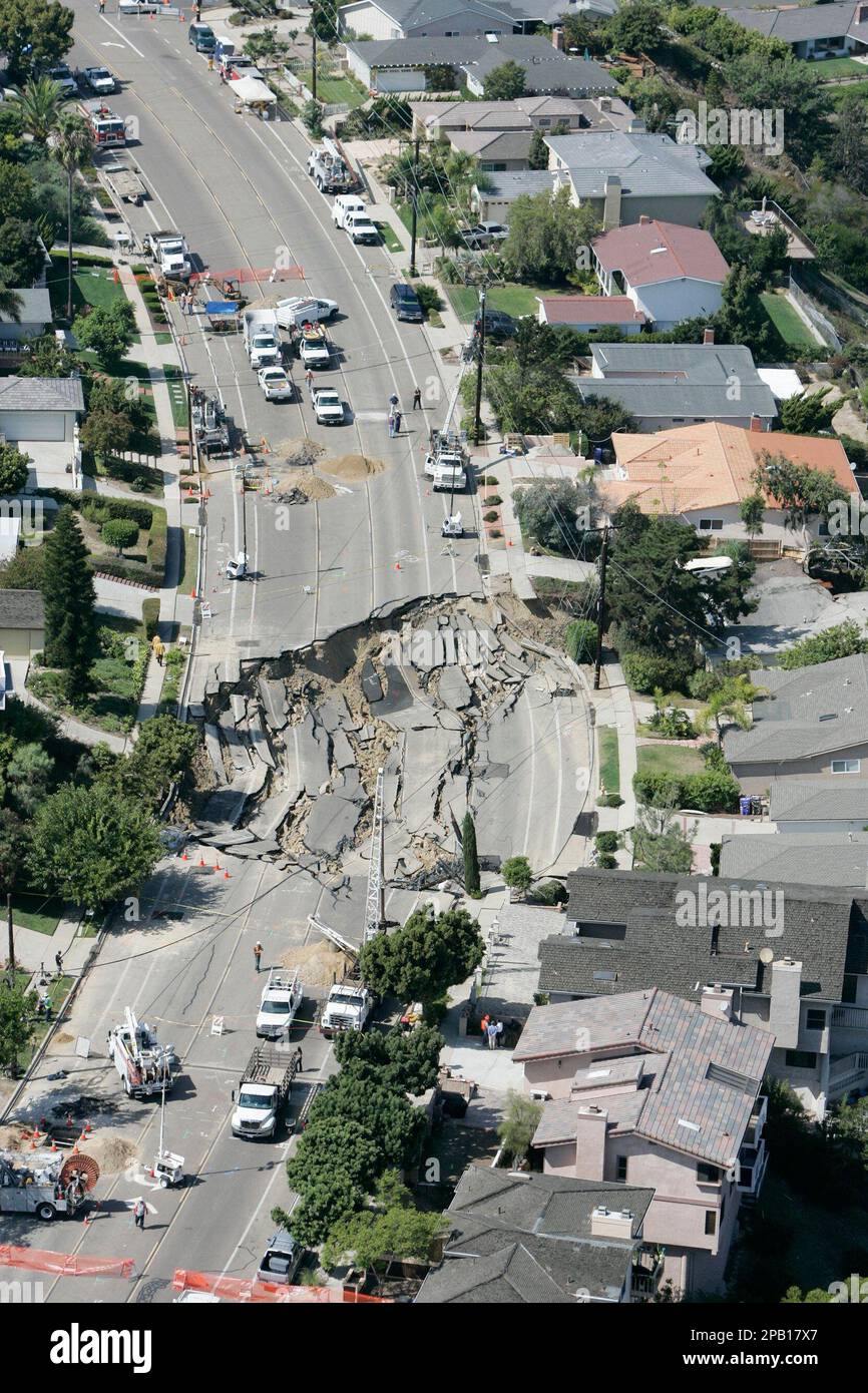 A sink hole on Soledad Mountain Road which was part of a landslide