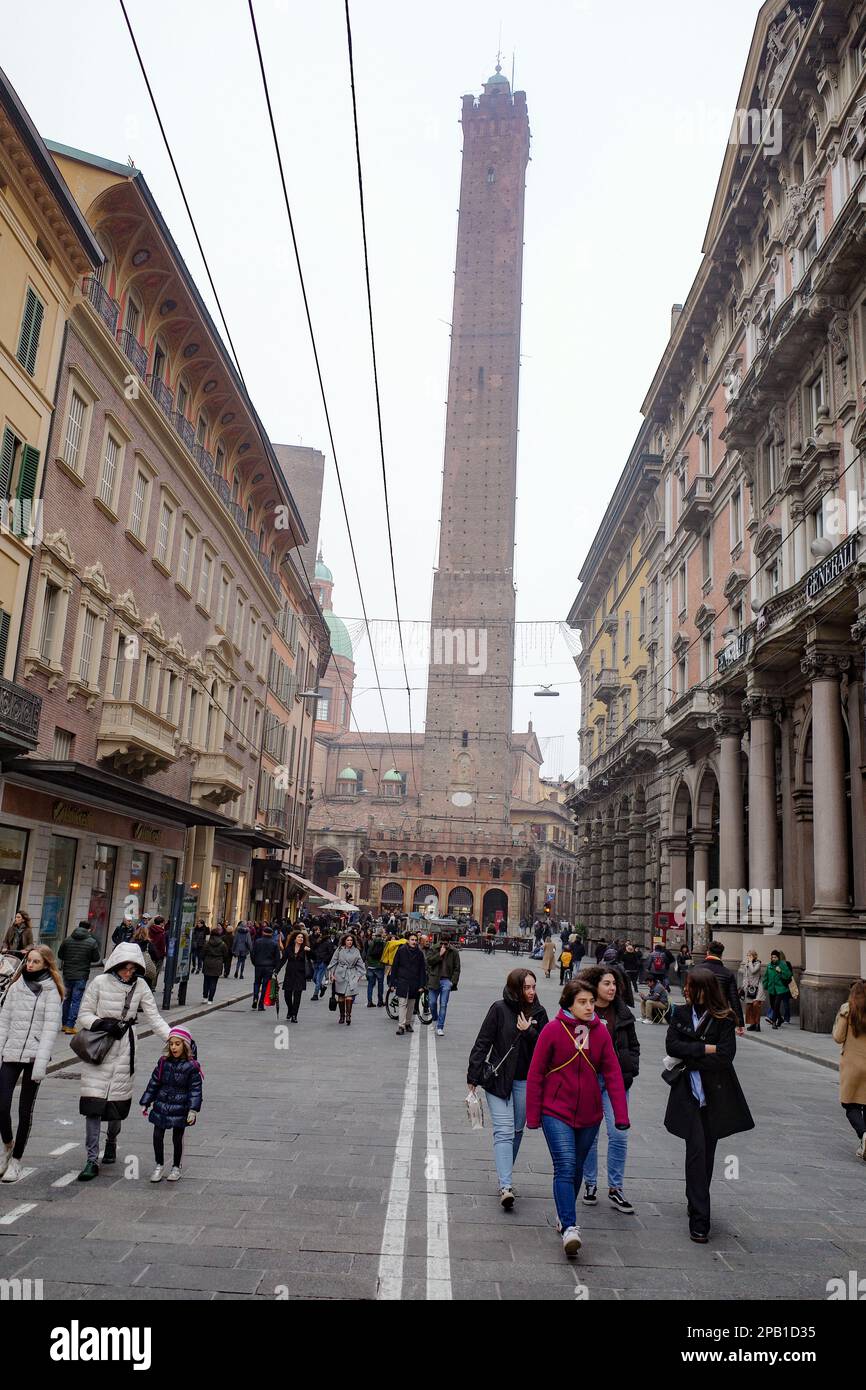Bologna, Italy - 16 Nov, 2022: The two famous falling towers of Asinelli and Garisenda Stock Photo
