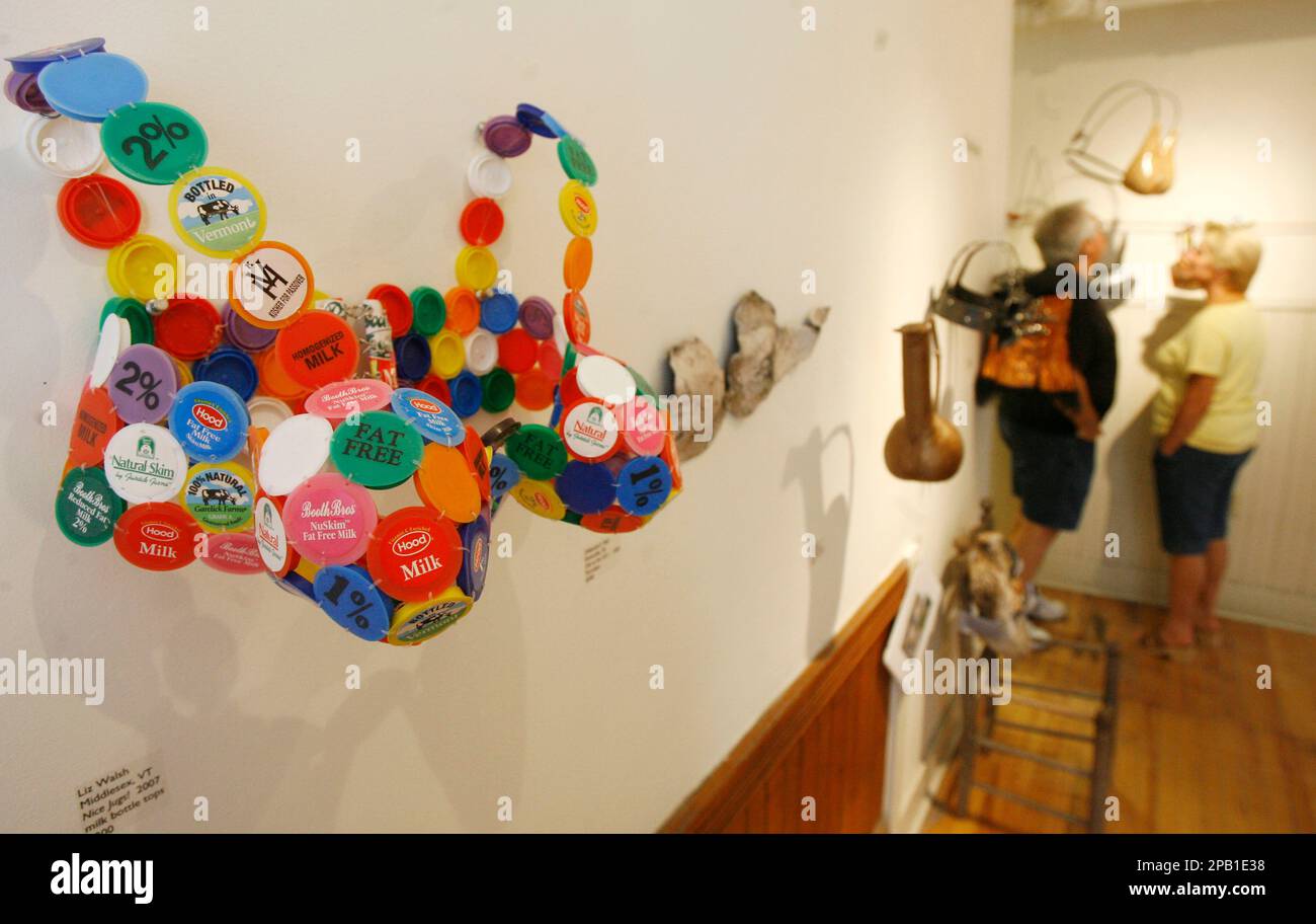 A work titled Nice Jugs made from milk bottle tops created for a