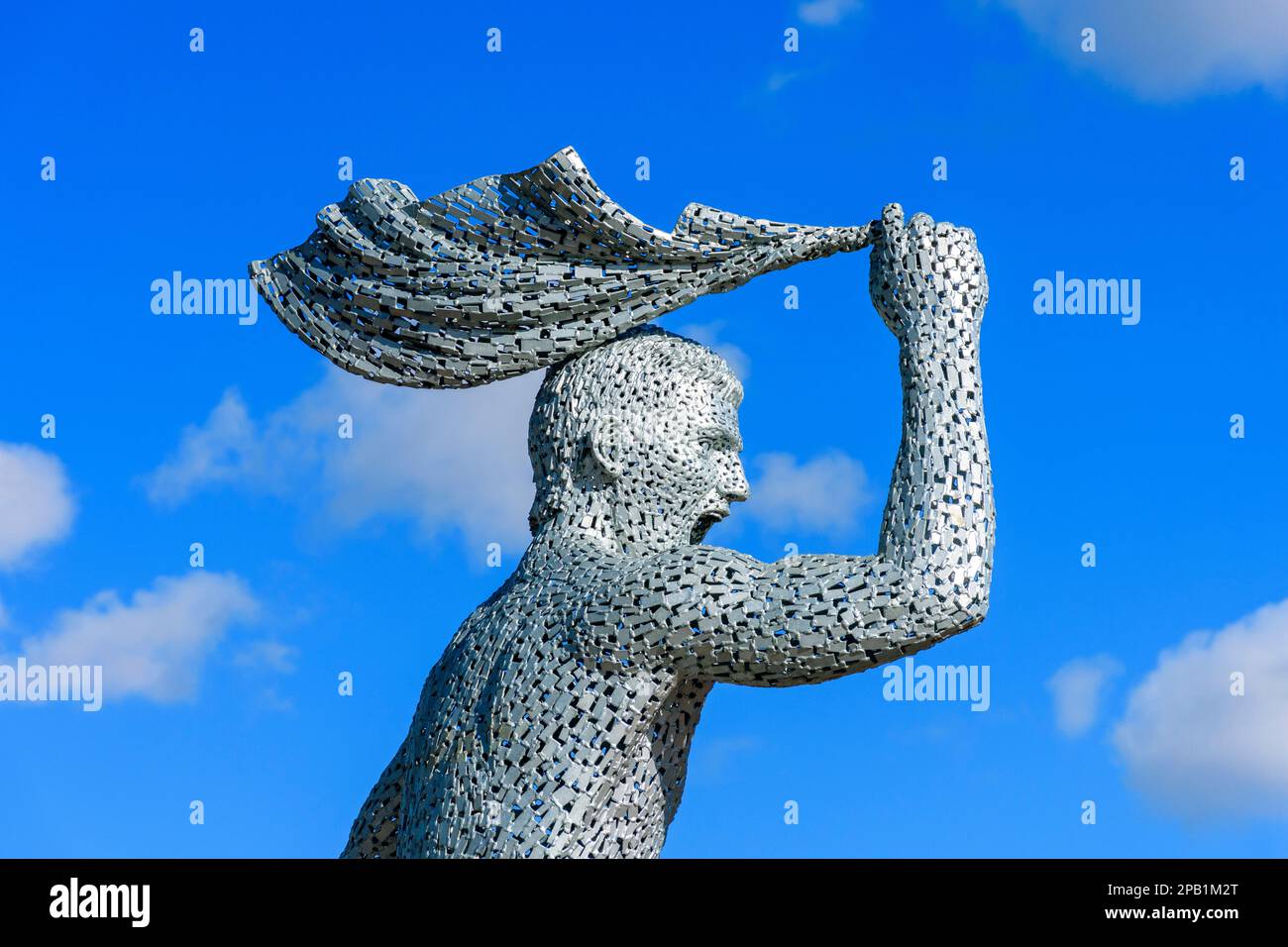 Statue of Sergio Aguero, by the sculptor Andy Scott, at the Etihad Stadium, Manchester, England, UK Stock Photo