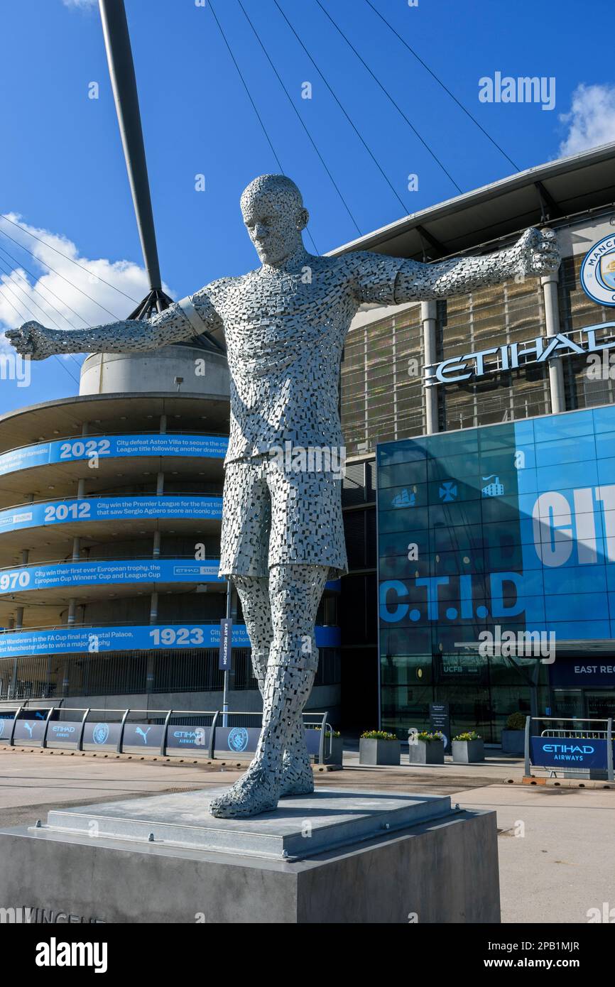 Statue of Vincent Kompany, by the sculptor Andy Scott, at the Etihad Stadium, Manchester, England, UK Stock Photo