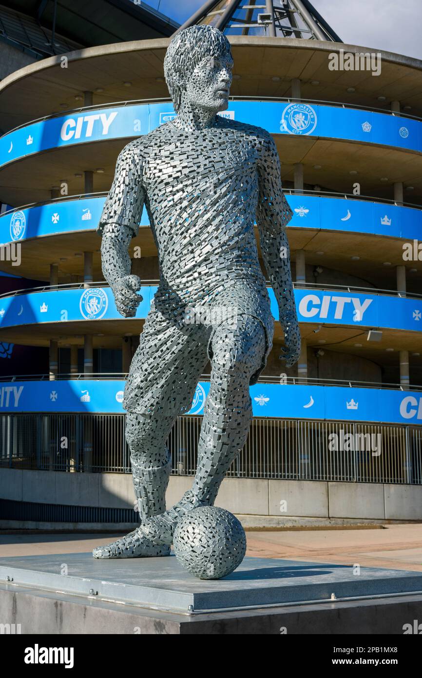 Statue of David Silva, by the sculptor Andy Scott, at the Etihad Stadium, Manchester, England, UK Stock Photo