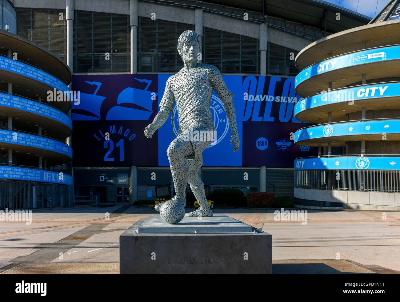 Statue of David Silva, by the sculptor Andy Scott, at the Etihad Stadium, Manchester, England, UK Stock Photo