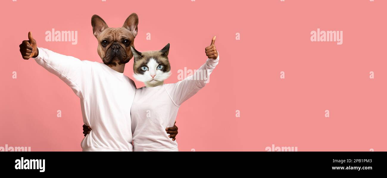 Happy african american lovers with animal faces embracing over pink Stock Photo