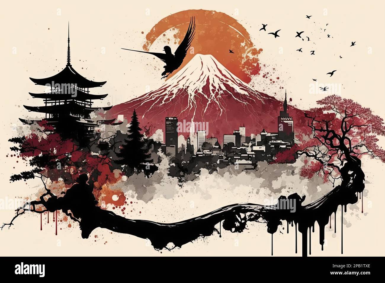 pagoda line art, Japan, japanese culture, landscape scenery, AI