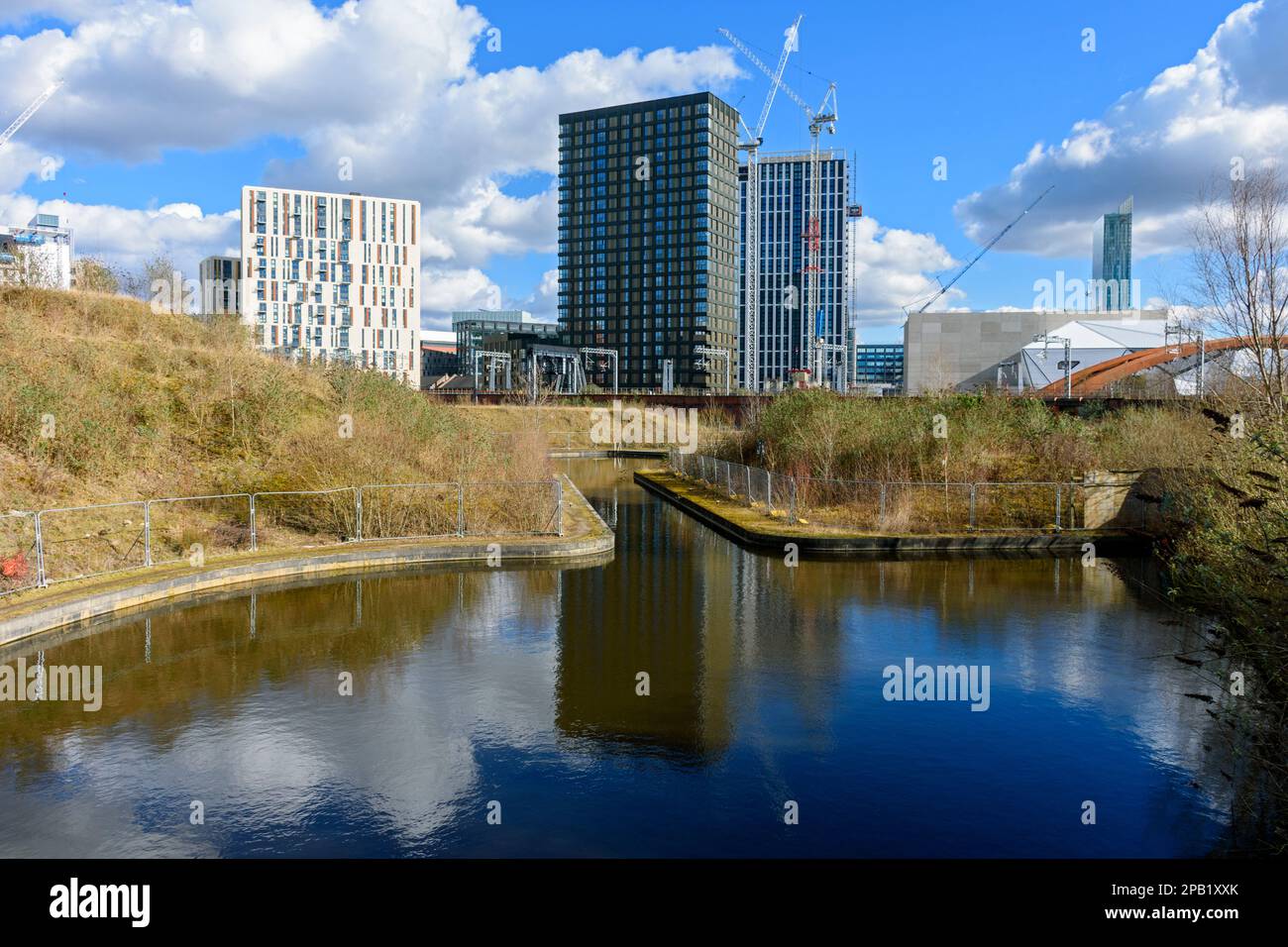 Apartments blocks at the Middlewood Locks development, from the Manchester, Bolton and Bury Canal, Salford, Manchester, England, UK Stock Photo