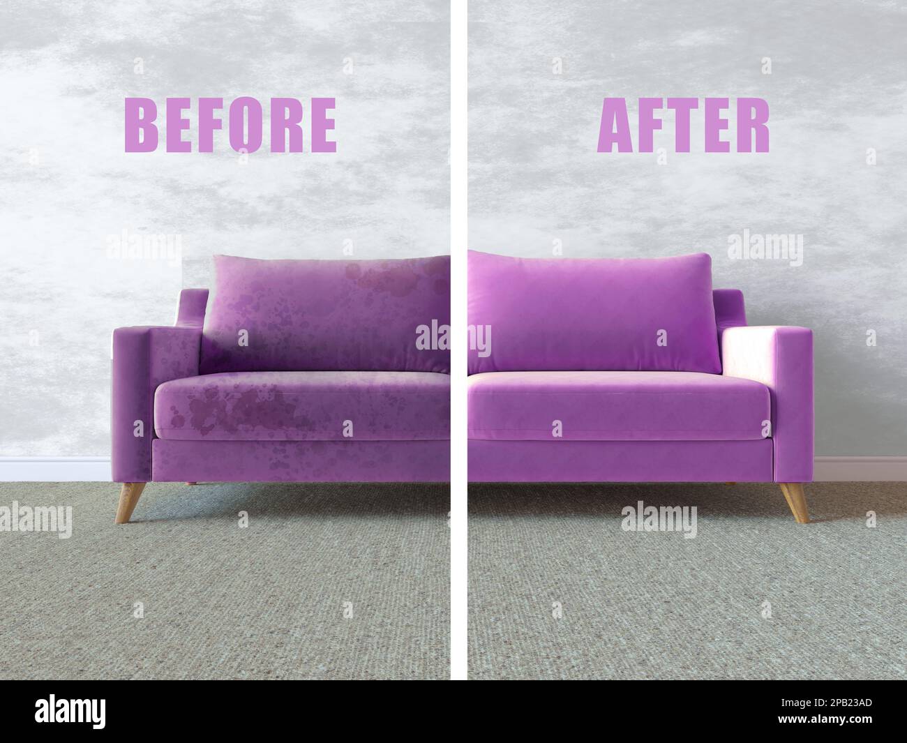Dirty and clean furniture before and after dry cleaning in room. Purple