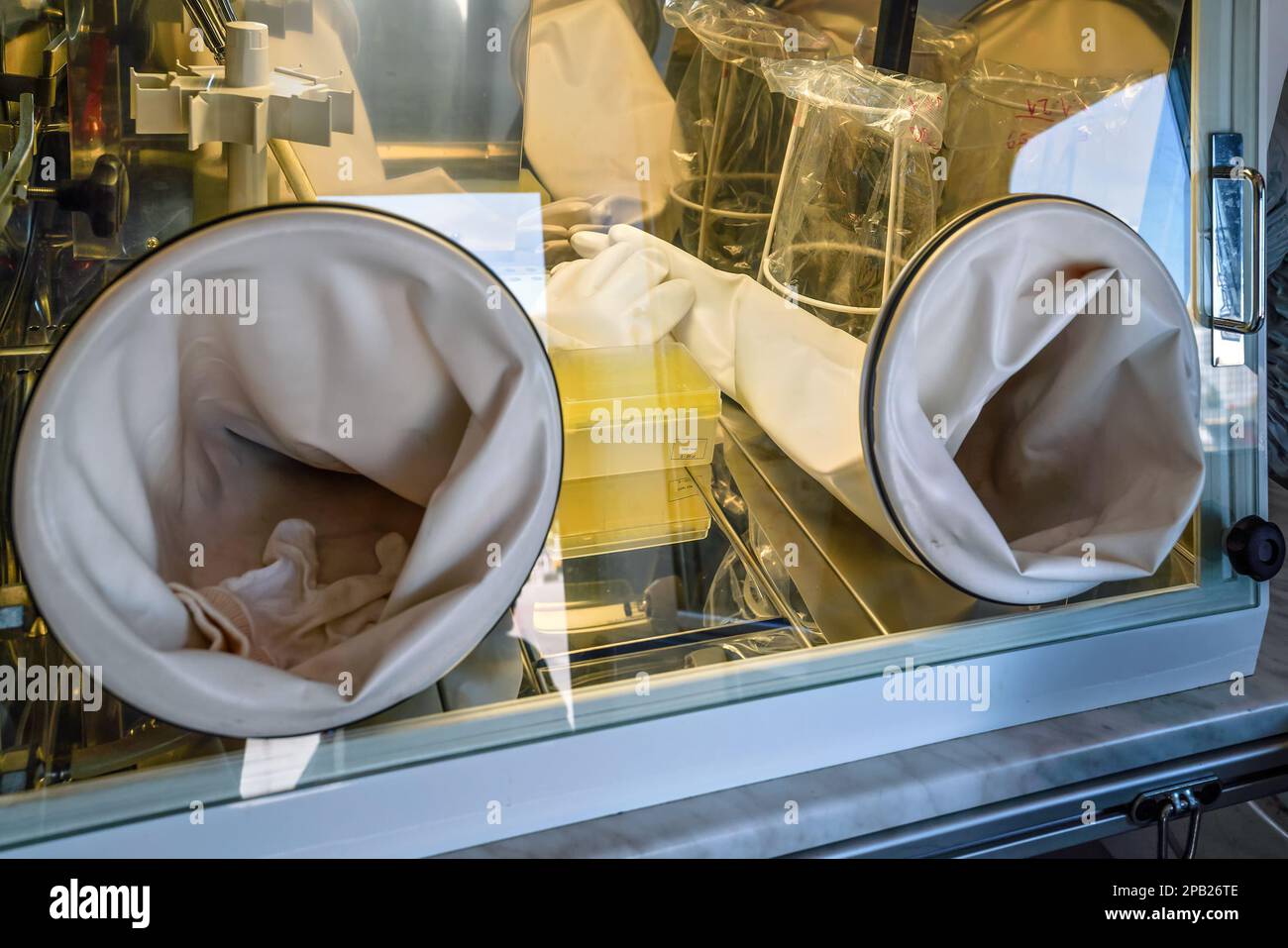 Rubber isolated holes with gloves for hands at end glass research box