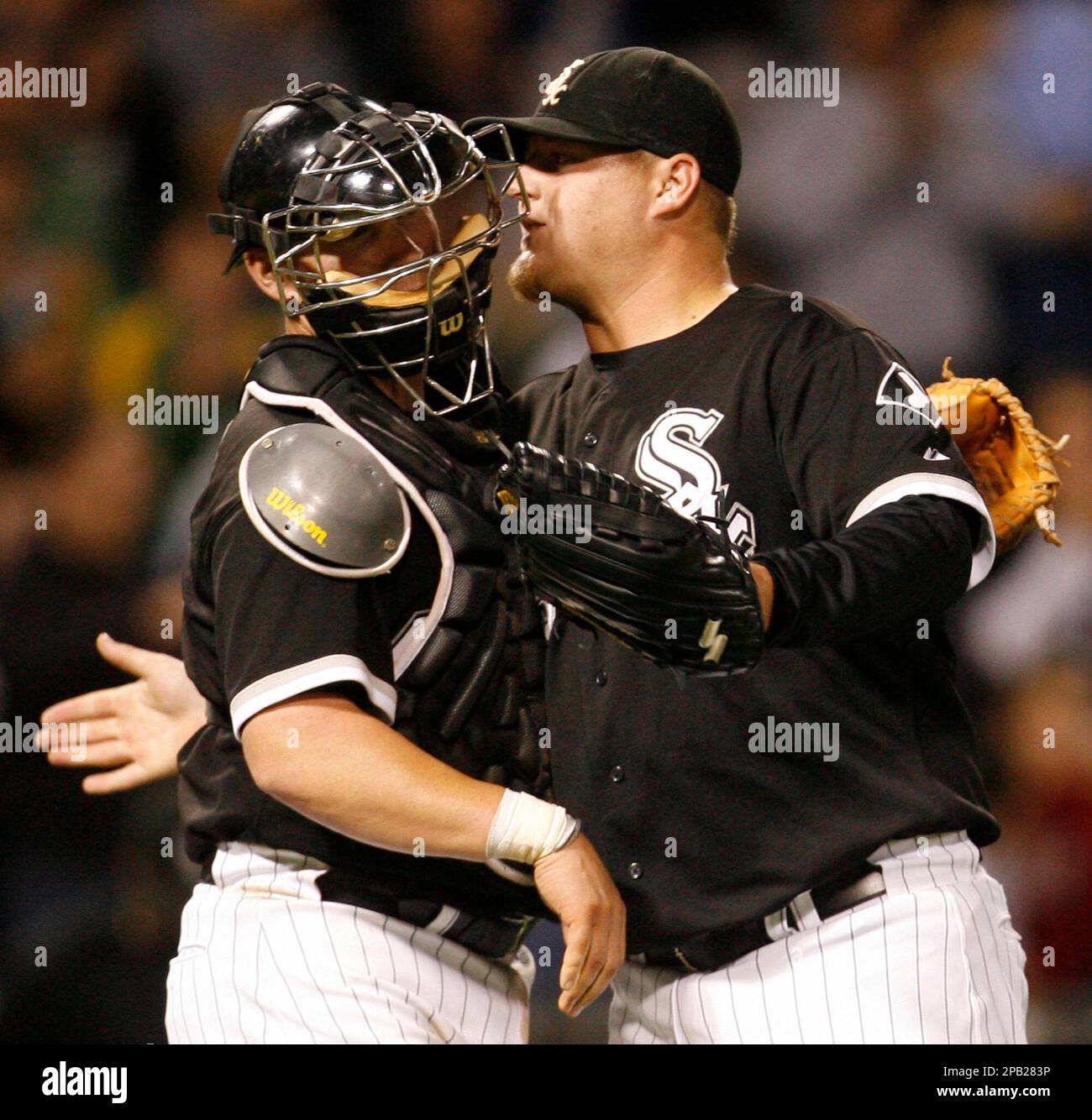 Chicago White Sox closer Bobby Jenks, right, celebrates with catcher Toby  Hall after the White Sox beat the Detroit Tigers, 5-2, in a baseball game,  Friday, Sept. 28, 2007, in Chicago.(AP Photo/Nam