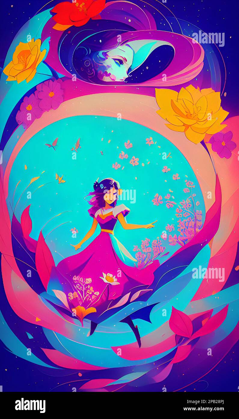 Floral anime girl portrait featuring a woman happily dancing. Pastel ...