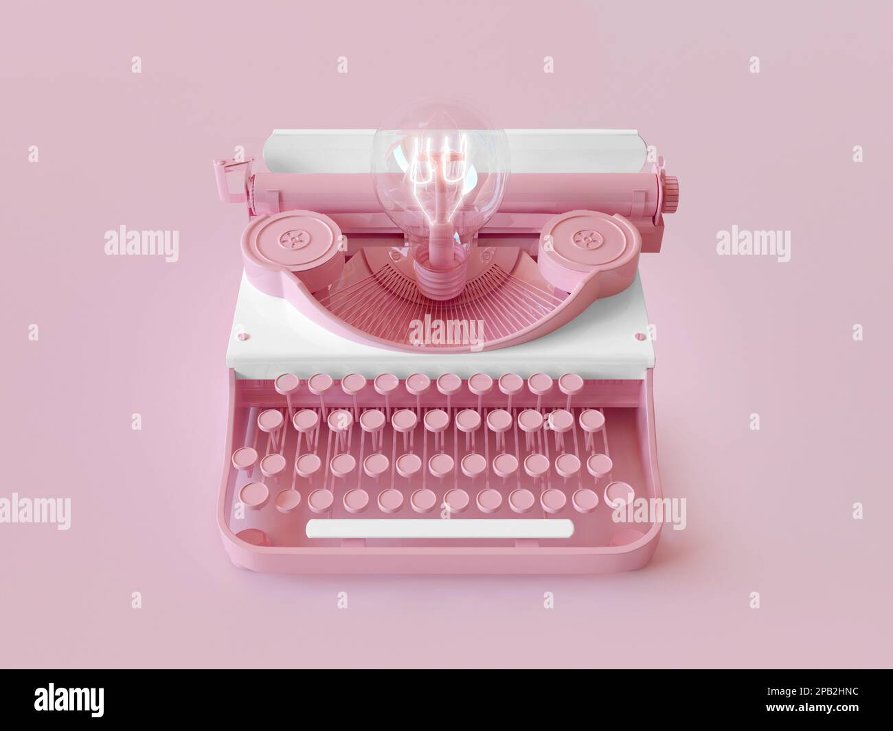 Vintage typewriter in cartoon plastic style. Creative concept of a brilliant writer, inspiration, creative idea. A burning light bulb Stock Photo