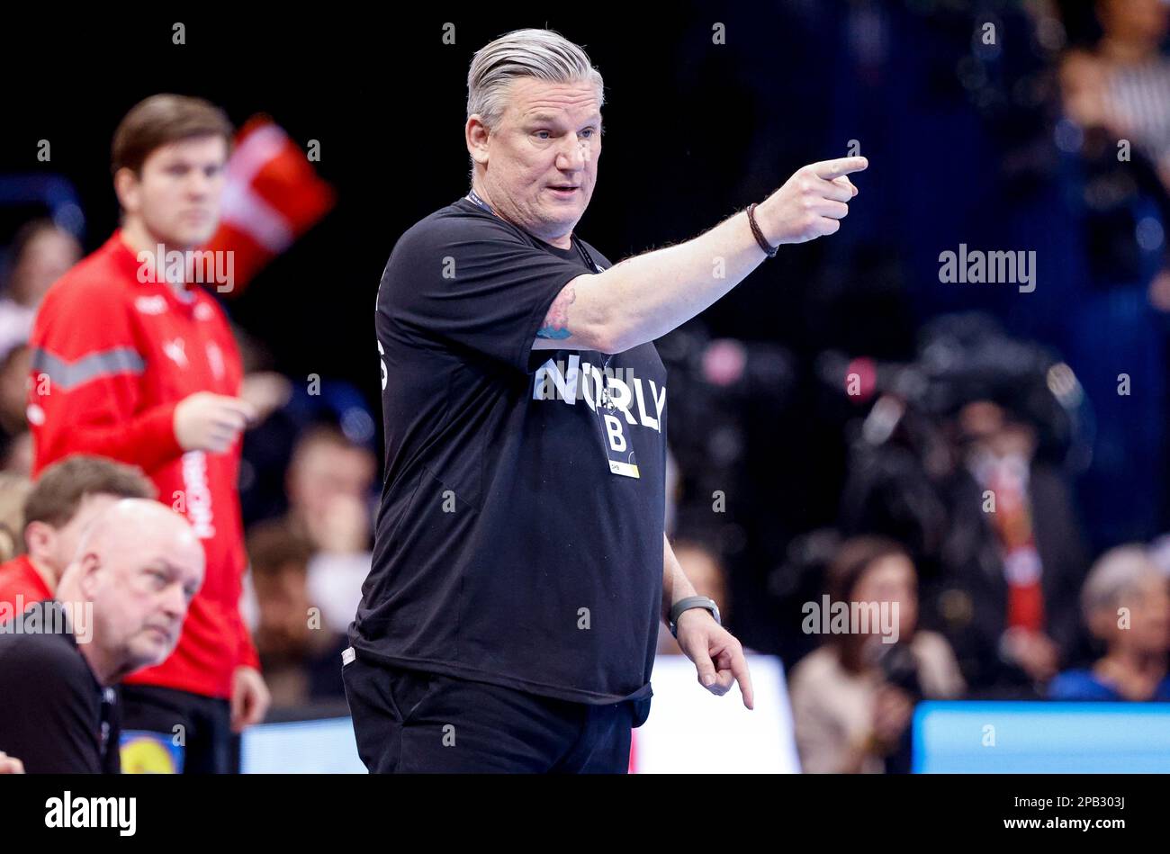 Denmark's coach Nicolaj Jacobsen gestures during the EHF Euro Cup