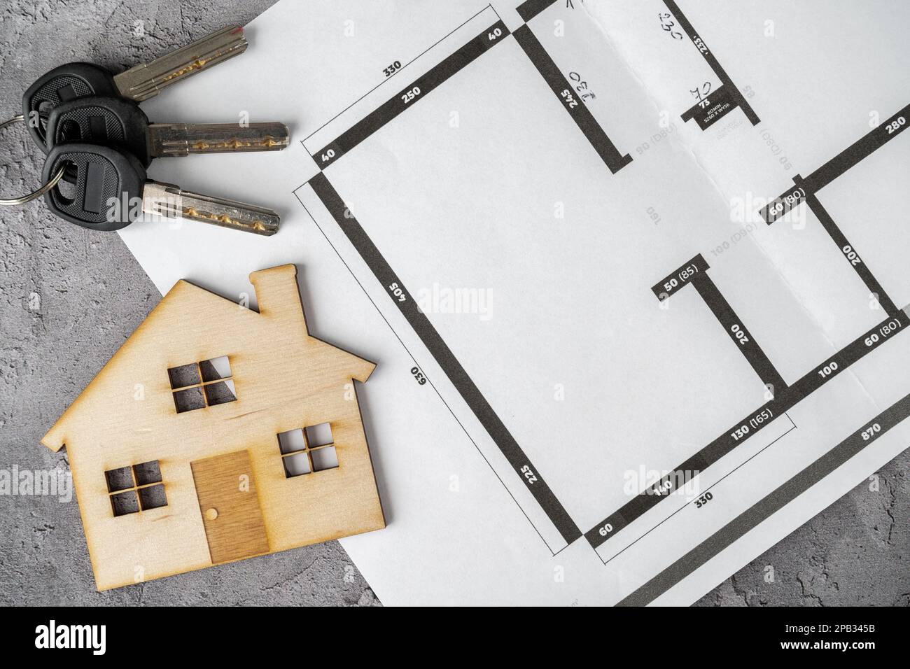 Home floor plans or building blueprint project, wooden model house and