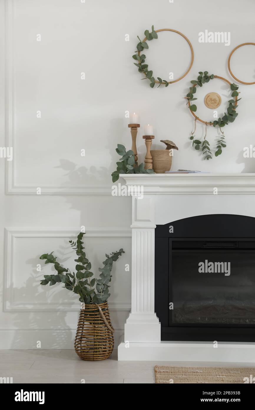 Stylish room with beautiful fireplace and eucalyptus branches Stock