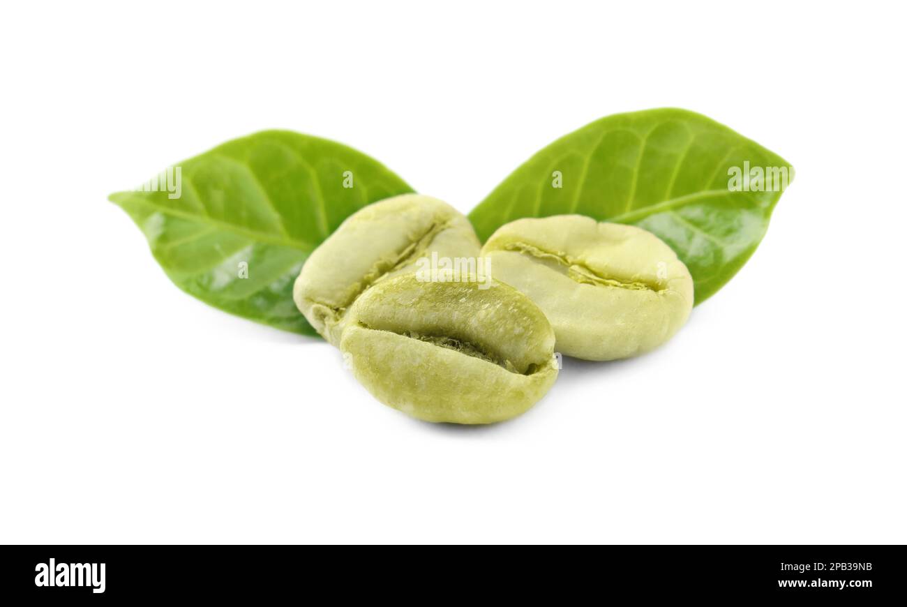 Pile of green coffee beans and leaves on white background Stock Photo ...