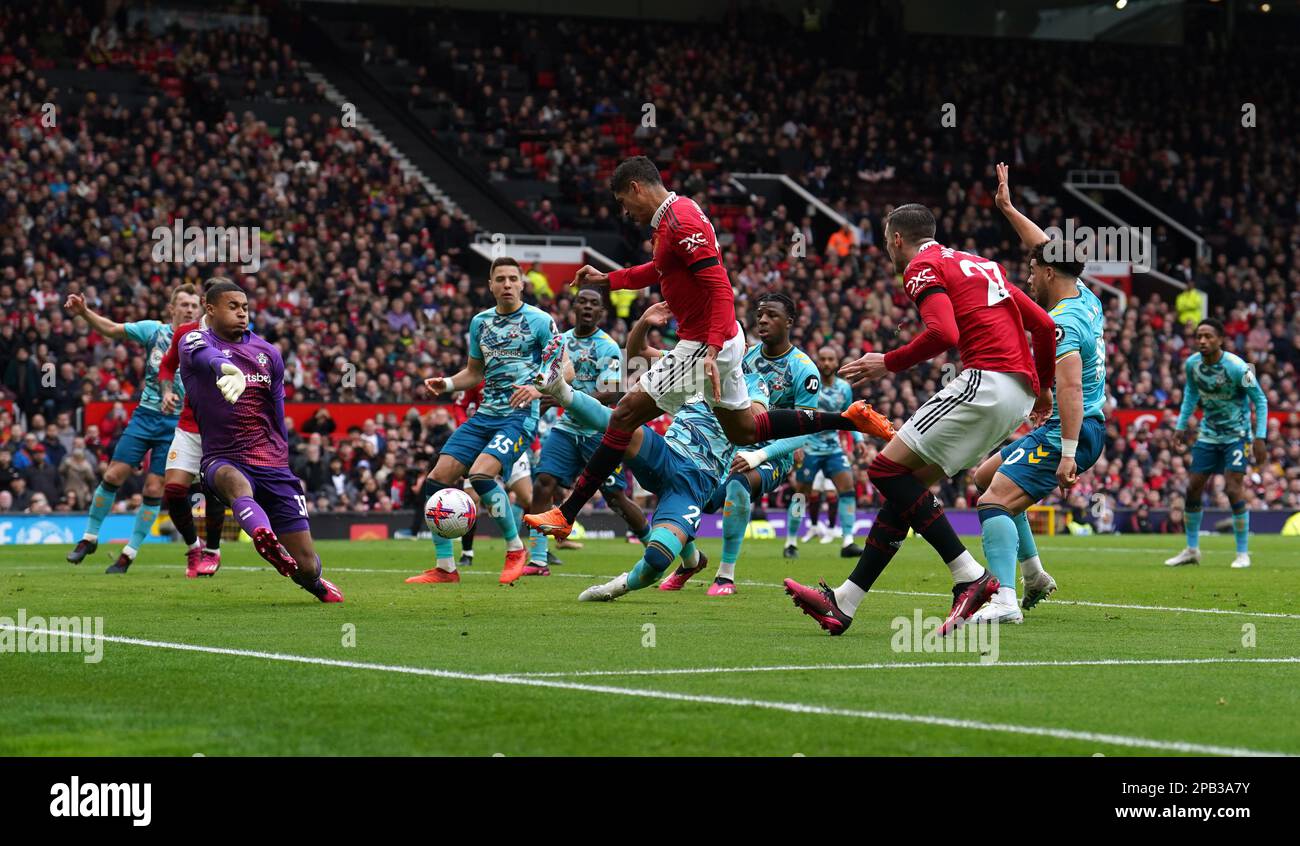 Manchester United's Raphael Varane has a header at goal during the ...