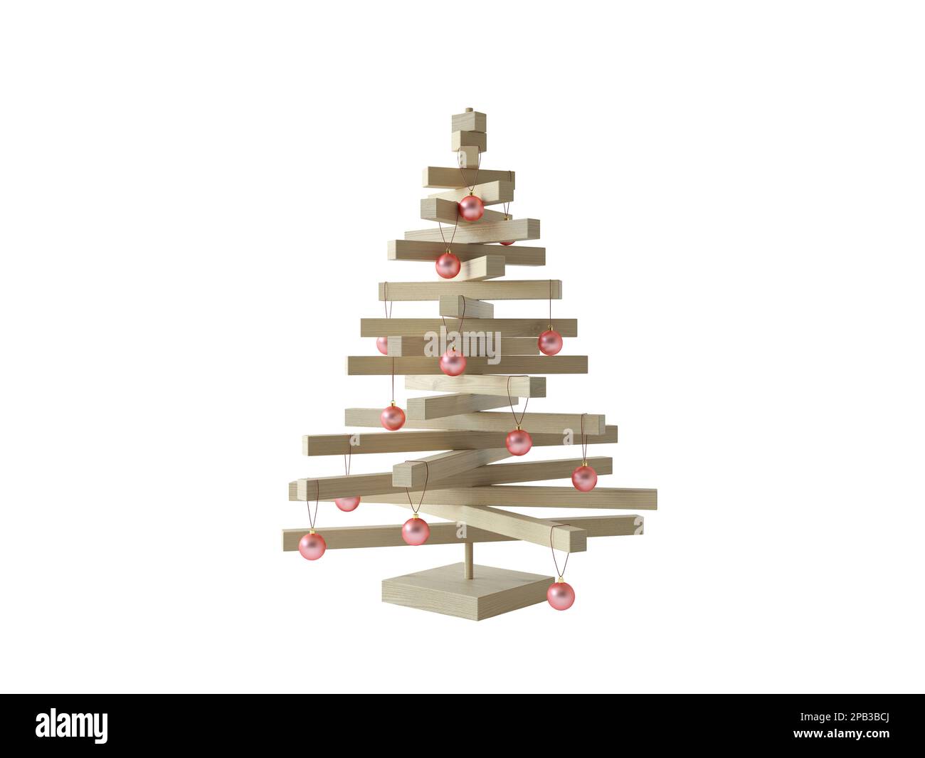 Transparent png clipart. Creative unusual Christmas tree. A Christmas tree made of smooth wooden bars, decorated with small pink Christmas balls. Stock Photo