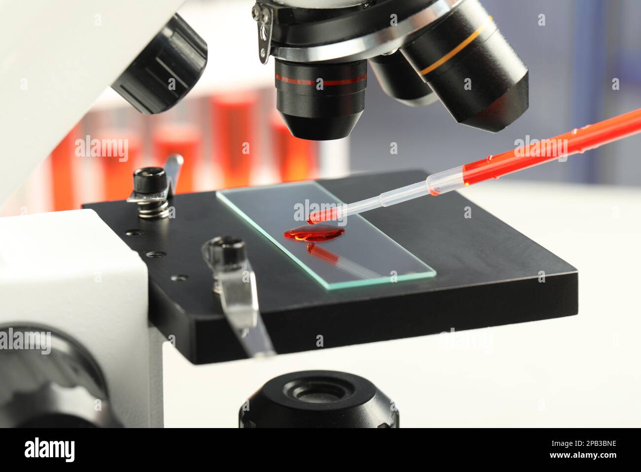 Dripping sample of red liquid onto slide under microscope in laboratory
